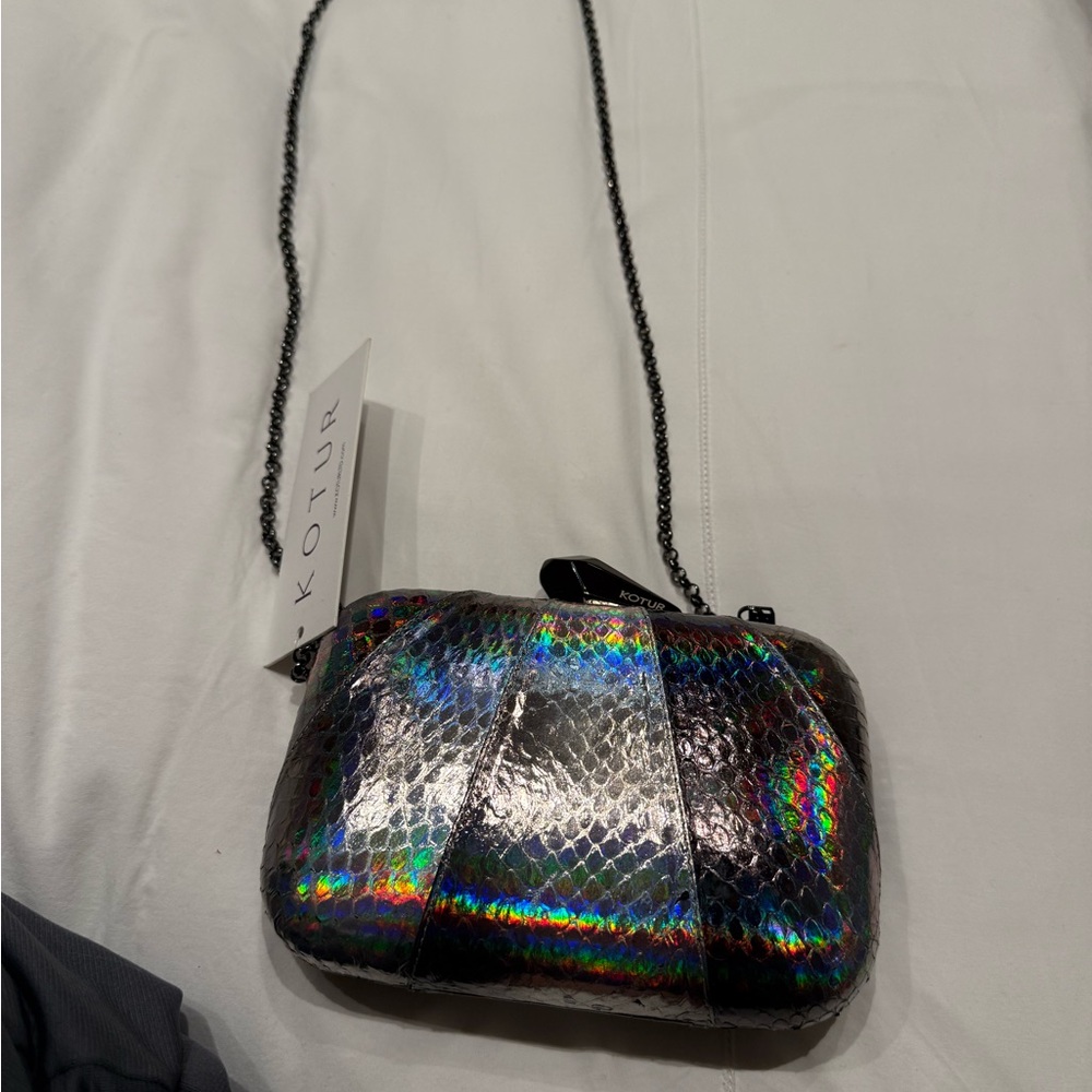 New with tags Kotur metallic silver snakeskin  clutch bag with chain